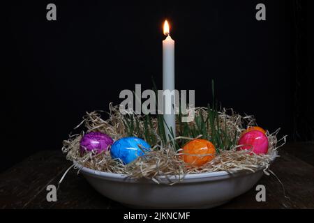 Easter traditions, Compositions with painted Easter eggs. Stock Photo