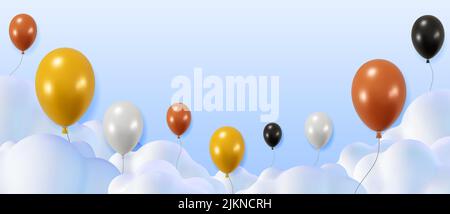3D Shiny Balloons in Clouds Border. Stock Vector