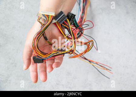 Electronic motherboard, isometric processor microchip, motherboard parts and mobile, digital communication, people and technologies, digital life Stock Photo