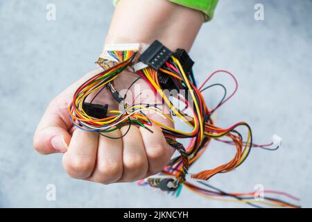 Electronic motherboard, isometric processor microchip, motherboard parts and mobile, digital communication, people and technologies, digital life Stock Photo
