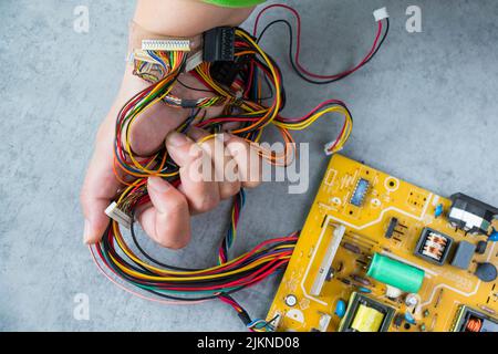 Electronic motherboard, isometric processor microchip, motherboard parts and mobile, digital communication, people and technologies, digital life Stock Photo