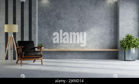 Living room interior with dark leather armchair in loft style house on concrete wall background.3D rendering Stock Photo