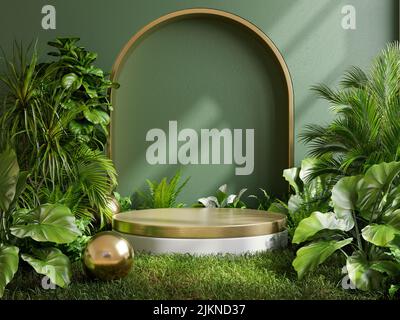 Gold Podium in tropical forest for product presentation and green background.3d rendering Stock Photo