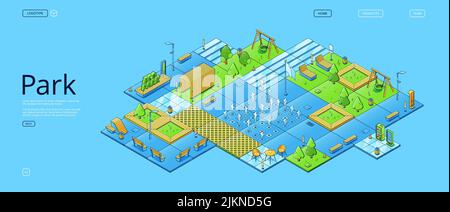 City park, recreational eco area isometric landing page. Urban garden with benches, trees, kids zone with swings, fountains,lanterns, outdoor cafe and vending machines, 3d vector line art web banner Stock Vector