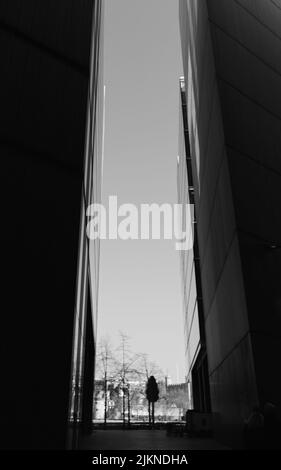 A vertical grayscale shot of the modern architecture of South Bank, London Stock Photo