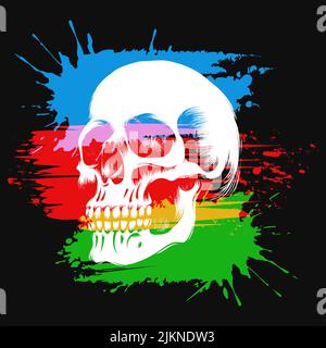 Human Skull over Paint brush strokes blobs and splashes. Print Design Isolated on Black. Vector illustration. Stock Vector