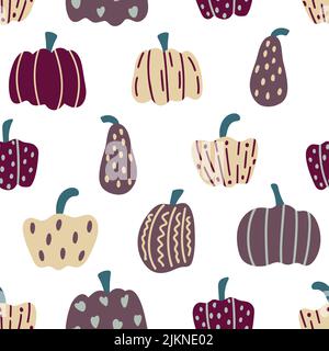 Autumn pumpkins hand drawn seamless pattern. Background with autumn decorated vegetables. Colorful fall print. Continuous template for textile Stock Vector