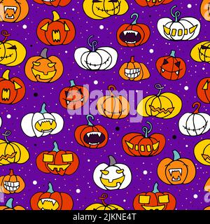 Seamless halloween scary orange pumpkin pattern. Funny, creepy, smiling face on violet dot backgrounds. Doodle Autumn character. Happy Halloween symbo Stock Vector