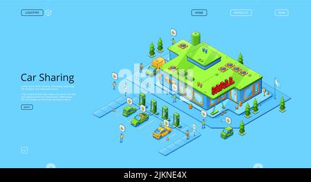 Car sharing isometric landing page with electric automobiles charging on parking near mall building with vehicles and people around. service for rent and share auto, 3d vector line art web banner Stock Vector