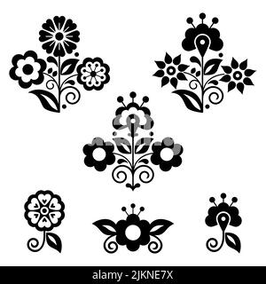 Mexican folk art style vector floral design elements, retro collection inspired by traditional embroidery in black and white Stock Vector