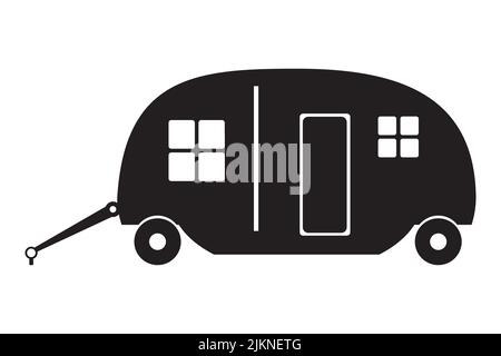 Camper icon. House on wheels logo. Car van symbol for tourist travel. RV car, recreational vehicle, camper van black silhouette. Campervan sign.Vector Stock Vector