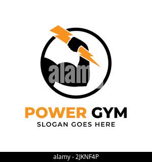 Power gym fitness center logo design badge vector with biceps holding lightning, best for gym training logo brand template Stock Vector