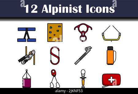 Alpinist Icon Set. Editable Bold Outline With Color Fill Design. Vector Illustration. Stock Vector