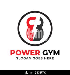Power gym fitness center logo design badge vector with biceps holding lightning, best for gym training logo brand template Stock Vector
