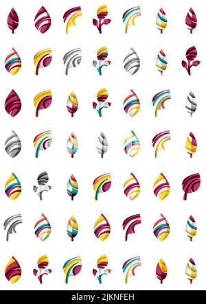 Set of abstract eco leaf icons, business logotype nature concepts, clean modern geometric design. Created with transparent abstract wave lines Stock Vector