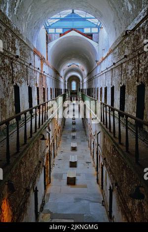 A vertical shot of Eastern State Penitentiary, a former American prison in Philadelphia, Pennsylvania Stock Photo