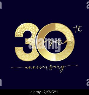 30th anniversary number. 30 years old logotype concept. Isolated abstract graphic design template. Luxurious shiny 3 and 0. Golden pixel bg Stock Vector