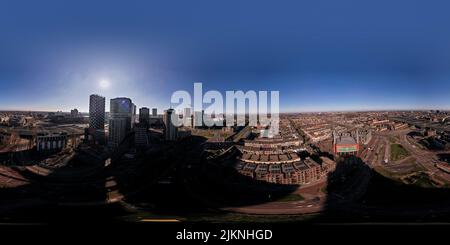 Sunrise full 360 degrees aerial panorama of Utrecht central train station and financial district area in the morning with mosque Stock Photo