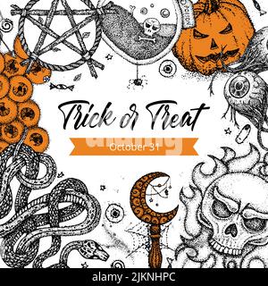 Trick Or Treat Dotwork Poster. Vector Illustration of Handdrawn Tattoo Sketch Concept. Stock Vector