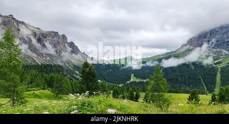 A cloudy day in the rural countryside with vibrant greenery covering the big mountains Stock Photo