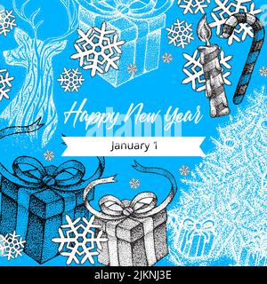 Happy New Year Dotwork Poster. Vector Illustration of Handdrawn Tattoo Sketch Concept. Stock Vector