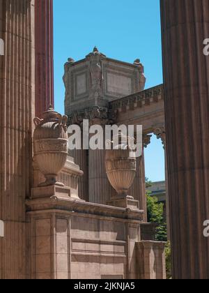 A beautiful shot of some of the details on a historical temple in the daylight with the clear blue sky Stock Photo