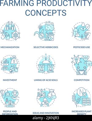 Farming productivity turquoise concept icons set Stock Vector