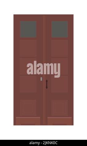 Entrance double door, dark red wooden portal. Entry front doorway, european style design. Vector illustration. Stock Vector