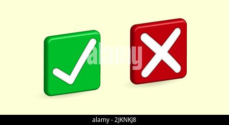 Cross and check mark icons. Green and red square icon button Yes and No, Right and Wrong, Approved and Declined concept. Realistic 3d vector design fo Stock Vector