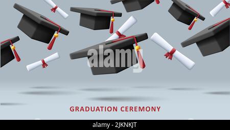 Graduation ceremony banner with 3d college hats and diploma rolls. Vector illustration Stock Vector