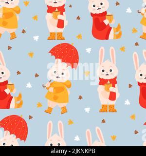 Autumn seamless pattern with cute rabbits. Cozy bunny in knitted clothes with cup of hot tea and in rubber boots, raincoat under an umbrella on blue b Stock Vector