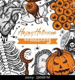 Happy Halloween Dotwork Poster. Vector Illustration of Handdrawn Tattoo Sketch Concept. Stock Vector