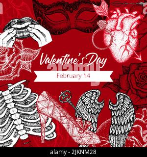 Valentine Day Dotwork Poster. Vector Illustration of Handdrawn Tattoo Sketch Concept. Stock Vector