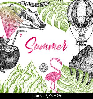 Summer Dotwork Poster. Vector Illustration of Handdrawn Tattoo Sketch Concept. Stock Vector