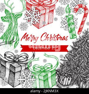 Merry Christmas Dotwork Poster. Vector Illustration of Handdrawn Tattoo Sketch Concept. Stock Vector