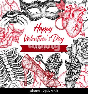Happy Valentine Day Dotwork Poster. Vector Illustration of Handdrawn Tattoo Sketch Concept. Stock Vector
