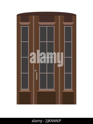 Brown wooden entrance door portal with glass windows. Entry front doorway, european style design. Vector illustration. Stock Vector