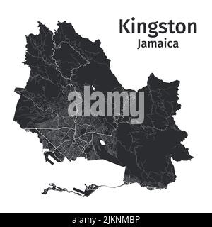 Kingston vector map. Detailed vector map of Kingston city administrative area. Cityscape poster metropolitan aria view. Black land with white streets, Stock Vector