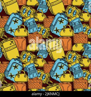 Seamless pattern of luggage bags, hand-drawn in sketch style. Vector illustration. Large suitcase, small bag, backpack, hand luggage, valise. Luggage. Stock Vector