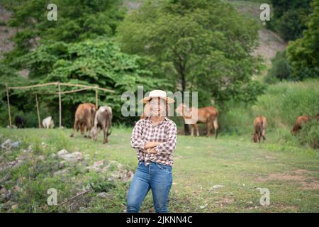 Female Woman worker posing on a cow dairy farm out door ranch a cowshed farm Stock Photo
