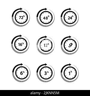 Set of arrows clock and time icons. 1, 3, 6, 9, 12, 16, 24 48 72 hours Stock Vector