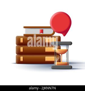 3d icon of pile of books with sand clock and speech bubble. Vector illustration Stock Vector