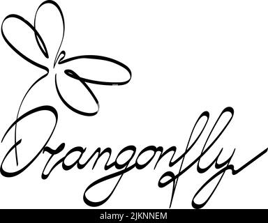 Stylized hand-drawn dragonfly lettering. Logo. Hand-drawn inscription. Vector. Single-line drawing. Black and white image. Dragonfly. Insect. Suitable Stock Vector
