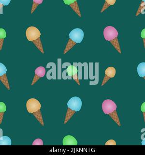 Ice cream in a crispy waffle cone. Seamless vector pattern. Infinitely repeating pattern. Isolated green background. Eskimo cone. Stock Vector
