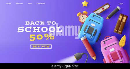 Back to school banner with backpacks and books, clock and pencils with desk lamp 3d illustration. Vector illustration Stock Vector