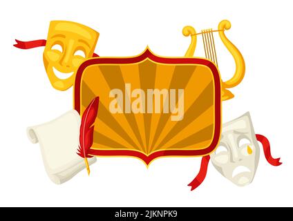 Background with traditional theatre symbols. Illustration for art theatrical performance. Stock Vector