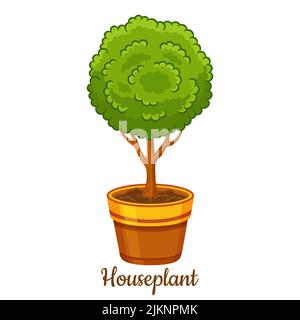 Potted houseplant, decorative garden tree in flower pot icon. Home gardening, grow bush seedling indoor. Exotic botanical plant in house room. Vector Stock Vector