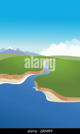 Vector landscape with river, mountains and the sea coast. Vertical banner template to be use it in your designs Stock Vector