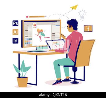 Graphic illustrator working at computer vector. Busy man creative worker illustration. Freelancer at home workspace using software for game asset crea Stock Vector
