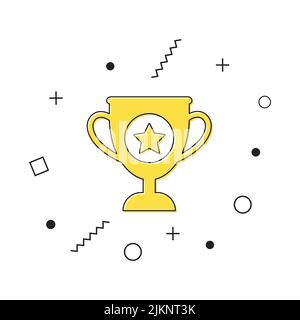 Trophy cup symbol. Yellow champion trophy icon with geometric shapes on white background. Vector illustration Stock Vector